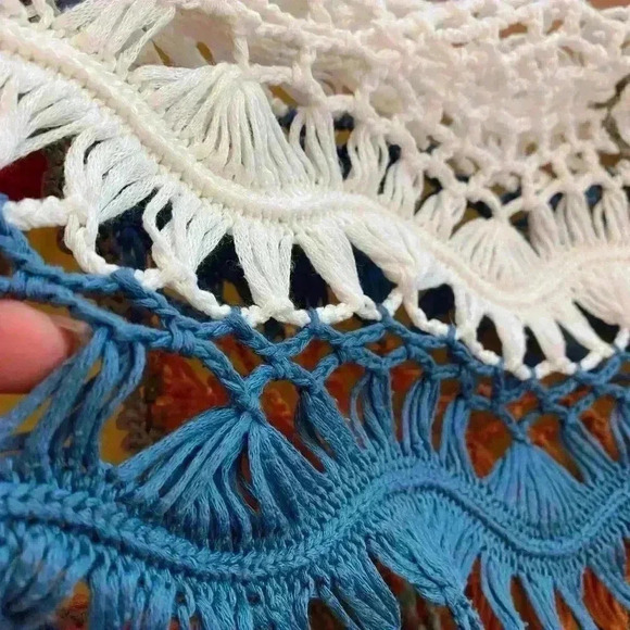 Angie Womens Crocheted Block Color Short Sleeve Top large orange blue aqua - Picture 5 of 10